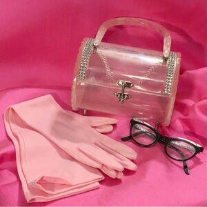 1950s Clear Lucite Rhinestone Adorned Barrel Purse